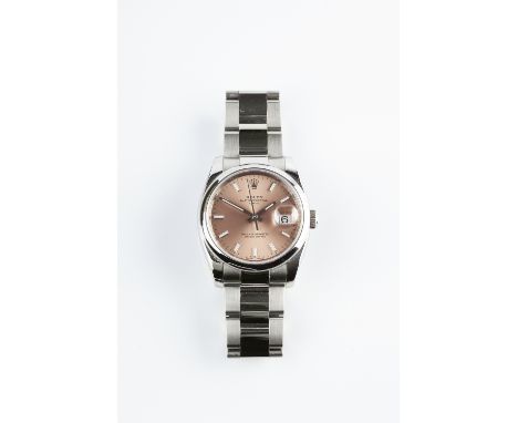 A STAINLESS STEEL 'OYSTER PERPETUAL DATE' WRISTWATCH BY ROLEX, circa 2006, the circular pink dial with luminous baton markers