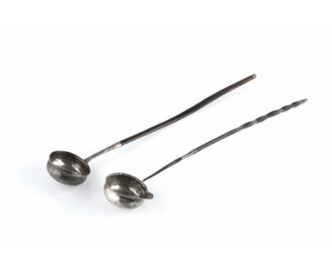 A GEORGE III SILVER TODDY LADLE, with pouring lip and whalebone twist handle, marks rubbed but London, maker possibly T.R.?; 