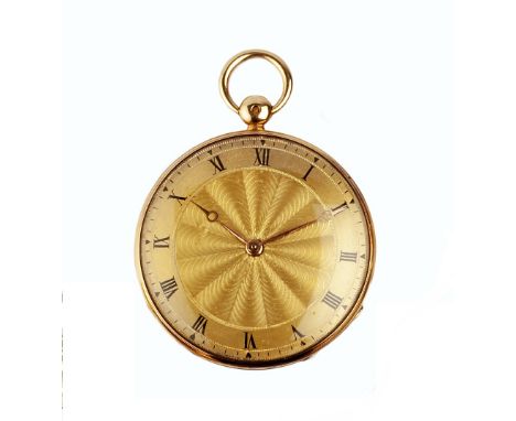 AN OPEN FACE POCKET WATCH, the circular gilt dial with black Roman numerals, outer minute scale and engine-turned decoration,