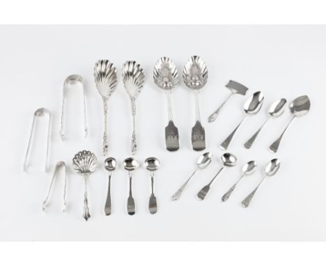 A PAIR OF LATE VICTORIAN SILVER SERVING SPOONS, with figural terminals and scalloped bowls, London 1894, a pair of George III