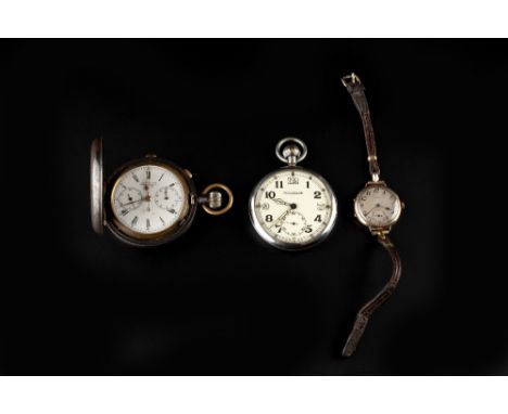 A SMALL COLLECTION OF WATCHES, comprising a gunmetal chronograph hunter pocket watch, the white enamel dial signed S. Smith &