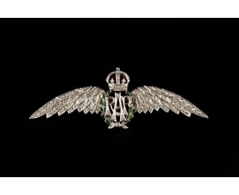 AN ENAMEL AND DIAMOND SET RAF WINGS BROOCH, heightened with green and red enamel, set throughout with single and rose-cut dia