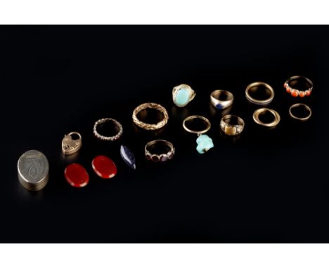 A COLLECTION OF 19TH CENTURY AND LATER JEWELLERY, comprising a sapphire set gypsy ring, a coral corallium rubrum half hoop ri