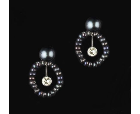 A PAIR OF BLACK CULTURED PEARL AND DIAMOND EAR PENDANTS, each single black cultured pearl suspending a round brilliant-cut di