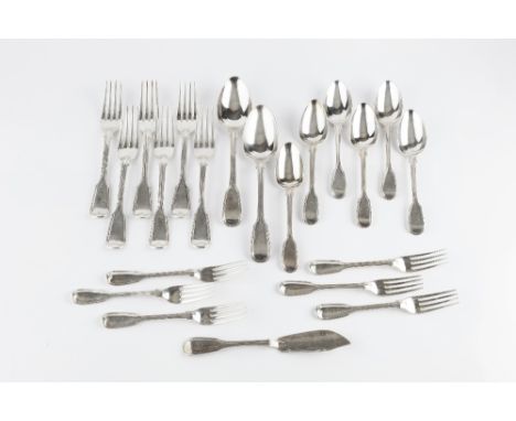 AN EARLY VICTORIAN SILVER FIDDLE AND THREAD PATTERN PART SERVICE OF FLATWARE, comprising two tablespoons, six table forks, si