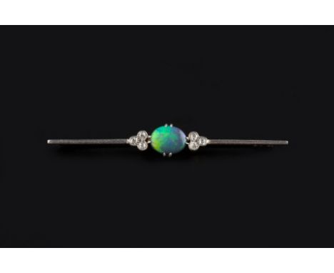 AN OPAL AND DIAMOND BAR BROOCH, the oval cabochon opal in claw setting, between trios of old brilliant-cut diamonds in milleg