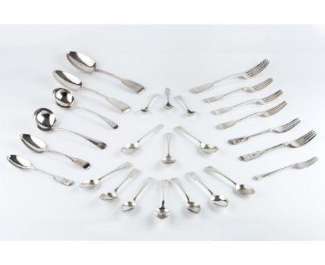 A MATCHED PART SERVICE OF SILVER FIDDLE PATTERN FLATWARE, mainly Georgian, comprising two tablespoons, one table fork, five d