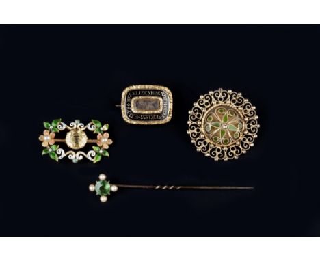 A COLLECTION OF ANTIQUE AND LATER JEWELLERY, to include a yellow sapphire, half pearl and enamel panel brooch, of openwork fl