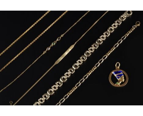 A COLLECTION OF JEWELLERY, comprising an Egyptian enamel pendant, stamped '750', a 9ct gold fancy-link bracelet, two stone se