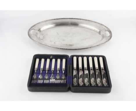 A QUANTITY OF ASSORTED SILVER PLATE TO INCLUDE: an oval twin handled tray, five various entrée dishes and covers, a pair of 1