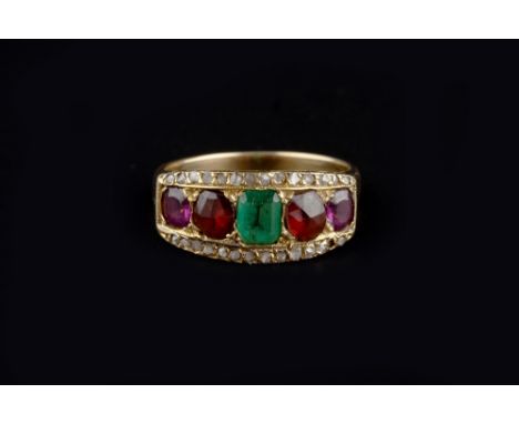 A DIAMOND AND VARI GEM-SET HALF HOOP RING, the boat-shaped setting centred with a line of graduated vari-cut gemstones, frame