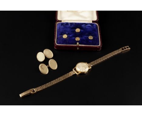 A COLLECTION OF JEWELLERY AND WATCHES, comprising a pair of 9ct gold oval panel cufflinks, with engine-turned decoration and 