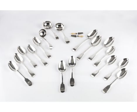 A SMALL QUANTITY OF 19TH CENTURY SILVER FIDDLE PATTERN FLATWARE, comprising eleven dessert spoons by George William Adams, Lo