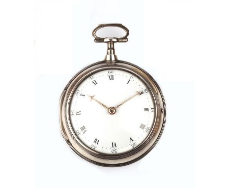 A GEORGE III SILVER PAIR CASE POCKET WATCH, the white enamel dial with Roman numerals, outer scale 0-60 and dot minute divisi