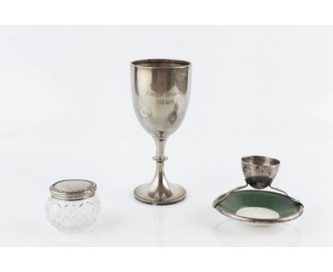 A SILVER GOBLET by Blackmore & Fletcher Ltd, London 1926, 18cm high, 5 oz; a silver mounted egg cup with ceramic base; a silv