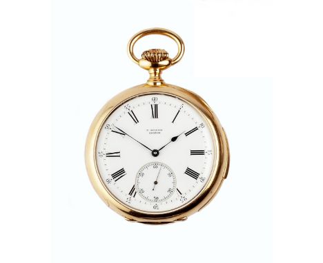 AN OPEN FACE QUARTER REPEATER POCKET WATCH BY E. KOEHN, GENÈVE, the white enamel dial with Roman numerals, outer scale 0-60, 