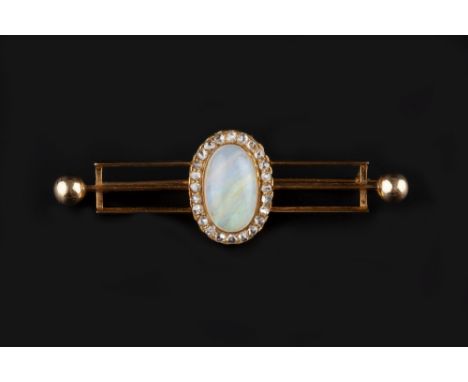 AN OPAL AND DIAMOND CLUSTER BAR BROOCH, the oval cabochon opal collet set within a border of rose and lasque-cut diamonds, to