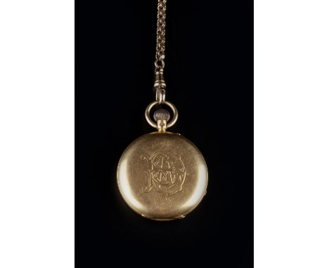 A LATE VICTORIAN 18CT GOLD HUNTER FOB WATCH AND A FANCY-LINK ALBERT CHAIN, the fob watch with white enamel dial and Roman num
