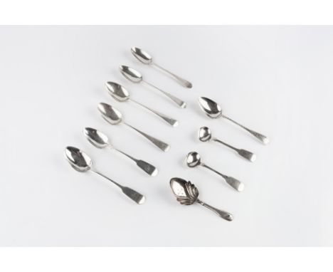 A COLLECTION OF ENGLISH PROVINCIAL SILVER TEA AND CONDIMENT SPOONS, to include a pair of fiddle pattern salt spoons by John S