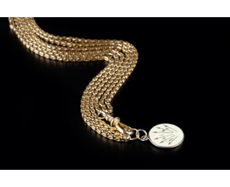 A YELLOW PRECIOUS METAL CHAIN, comprising three graduated strands of fancy-link design, with possibly later swivel clasp and 