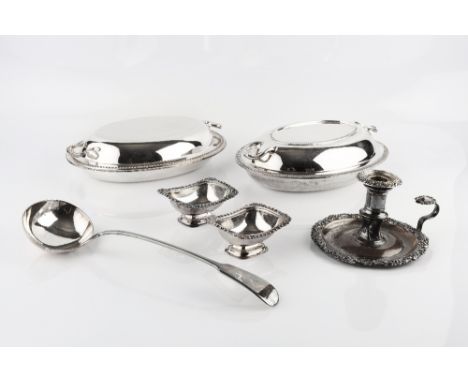 A SMALL QUANTITY OF SILVER PLATED ITEMS TO INCLUDE: two entrée dishes and covers, a chamberstick, a soup ladle, a pair of sal