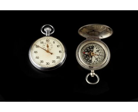 AN OPEN FACE STOP WATCH, with Arabic numerals and subsidiary dial, and a compass, in hunter case (2)
