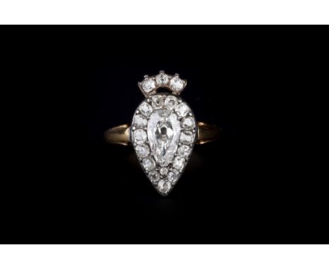 A 19TH CENTURY DIAMOND CLUSTER AND CORONET RING, the principal pear-shaped diamond old-cut diamond bordered by a row of cushi