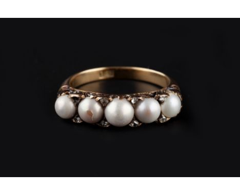 A HALF PEARL AND DIAMOND HALF HOOP RING, the line of graduated half pearls spaced by rose-cut diamond points, to a scroll pie