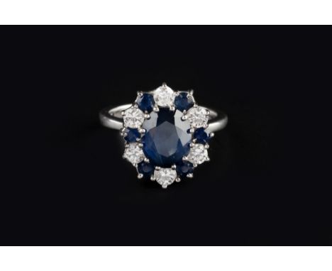 A SAPPHIRE AND DIAMOND CLUSTER RING, the principal oval mixed-cut sapphire claw set within a border of alternate circular-cut
