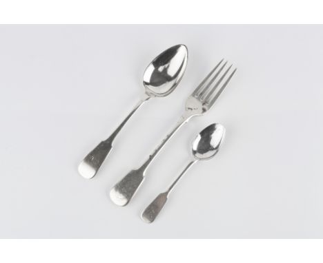 A GEORGIAN SCOTTISH PROVINCIAL SILVER FIDDLE PATTERN TABLE FORK by George Booth, Aberdeen c.1826; a similar dessert spoon by 