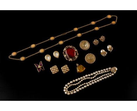 A COLLECTION OF SIGNED COSTUME JEWELLERY, comprising a simulated pearl necklace and ear clips suite by Miriam Haskell, an ena