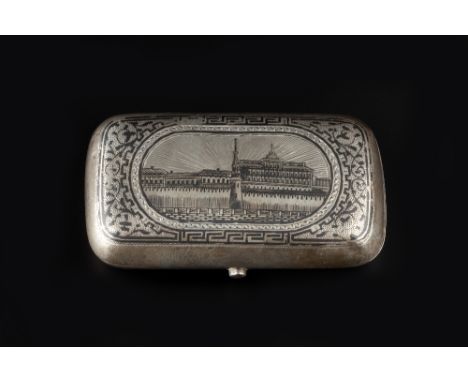 A LATE 19TH CENTURY RUSSIAN SILVER AND NIELLO CIGARETTE CASE, the cover with a view of the Kremlin, marks for Moscow 1883, 8.
