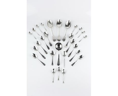 AN 18TH CENTURY SILVER MOTE SPOON, maker * W, circa 1750; and a collection of other silver flatware including a Georgian Old 