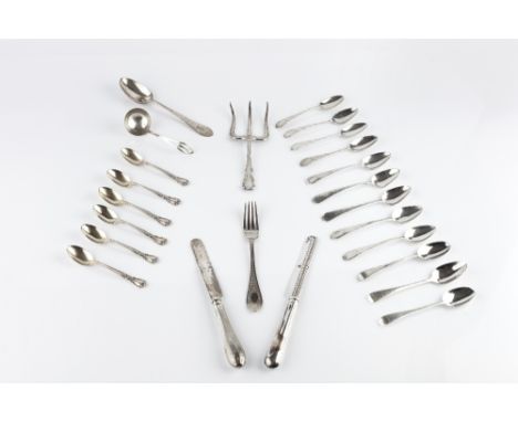 A COLLECTION OF SILVER FLATWARE TO INCLUDE: a set of six bright cut teaspoons, makers W.S., London 1809, six further similar 