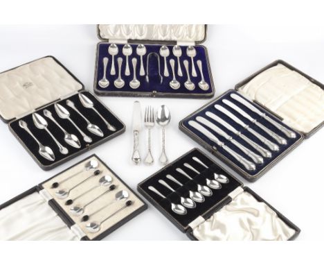 A SET OF TWELVE SILVER TEASPOONS, with matching sugar tongs by Roberts & Belk Ltd, Sheffield 1915, cased; a Victorian silver 