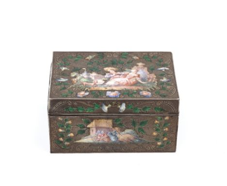 A 19TH CENTURY CONTINENTAL SILVER GILT AND ENAMEL RECTANGULAR BOX, engraved and enamelled to all sides with figures, flowers 