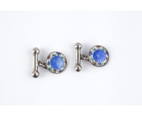 A COLLECTION OF JEWELLERY, comprising a pair of cufflinks, each circular panel heightened with floral enamel decoration, on c