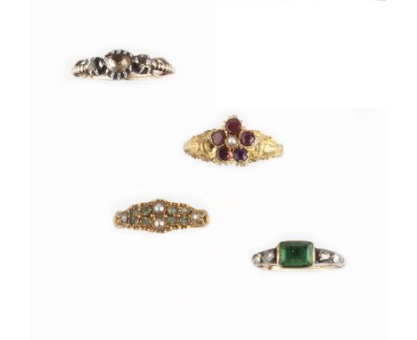 A COLLECTION OF FOUR 19TH CENTURY GEM SET DRESS RINGS, comprising a half pearl and green stone panel ring, with scroll and be