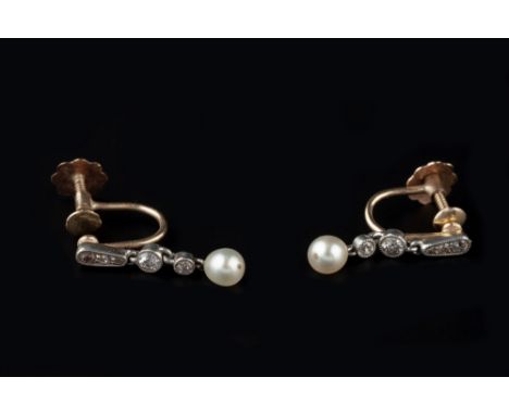 A PAIR OF PEARL AND DIAMOND EAR PENDANTS, each single pearl drop suspended from a millegrain set surmount of graduated old an