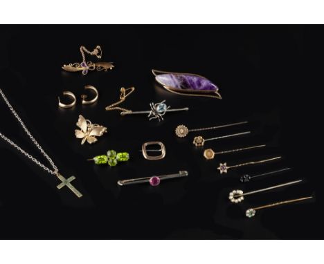 A COLLECTION OF JEWELLERY, comprising an amethyst panel brooch/pendant, with openwork mount, stamped '9ct', a 9ct gold butter