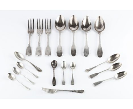 A SET OF THREE GEORGE III SILVER FIDDLE PATTERN TABLESPOONS, by William Eley & William Fearn, London 1801; another similar sp