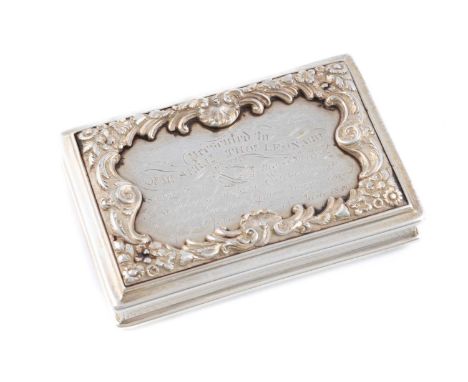 A William IV silver snuff box,by Edwin Jones, Birmingham 1836,rectangular form, engine-turned decoration, the hinged cover wi