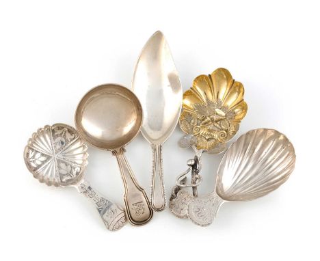 A collection of five antique silver caddy spoons, comprising: a George III Beaded pattern one, with a leaf bowl, London 1805,