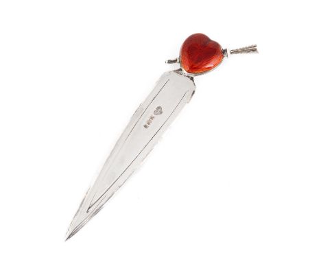 An Edwardian silver and enamel page marker with a pencil,by The Goldsmiths and Silversmiths Company, London 1908,tapering for