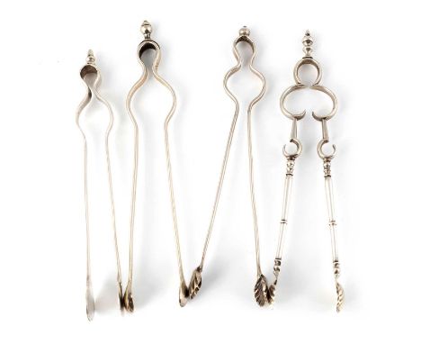 A collection of four pairs of early-18th century silver sugar nips, unmarked, circa 1720-40, sprung andiron form, with balust