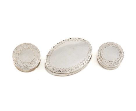 A collection of three George III silver patch boxes,comprising: one by Joseph Taylor, Birmingham, oval form, engraved border,