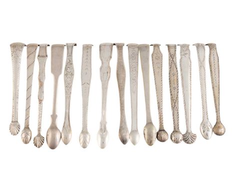 A collection of fifteen pairs of George III-William IV silver sugar tongs, various dates and makers, including bright-cut exa