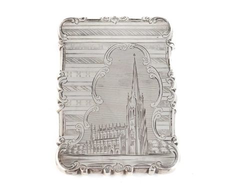 A Victorian silver engraved 'castle-top' card case, Trinity Church, New York,by Nathaniel Mills, Birmingham 1850,rectangular 