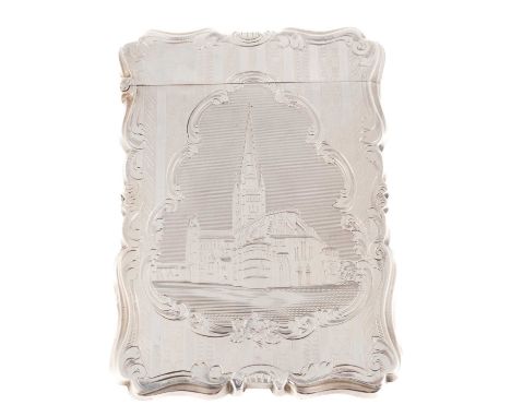 A Victorian silver engraved 'castle-top' card case, Norwich Cathedral,by Alfred Taylor, Birmingham 1854,rectangular form, the