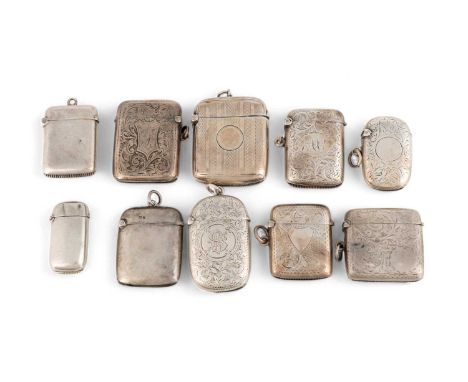 A collection of ten silver vesta cases, various dates and makers,rounded rectangular form, comprising: six with engraved foli